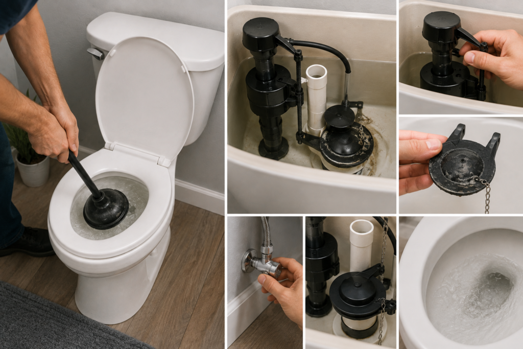 Modern toilet with weak flush, open tank showing fill valve and flapper, plunger, and DIY toilet repair tools in a clean bathroom.