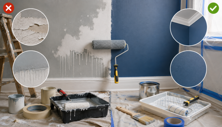 DIY painting supplies with paint roller, brushes, painter's tape, smooth painted wall, and examples of common painting mistakes versus professional results.