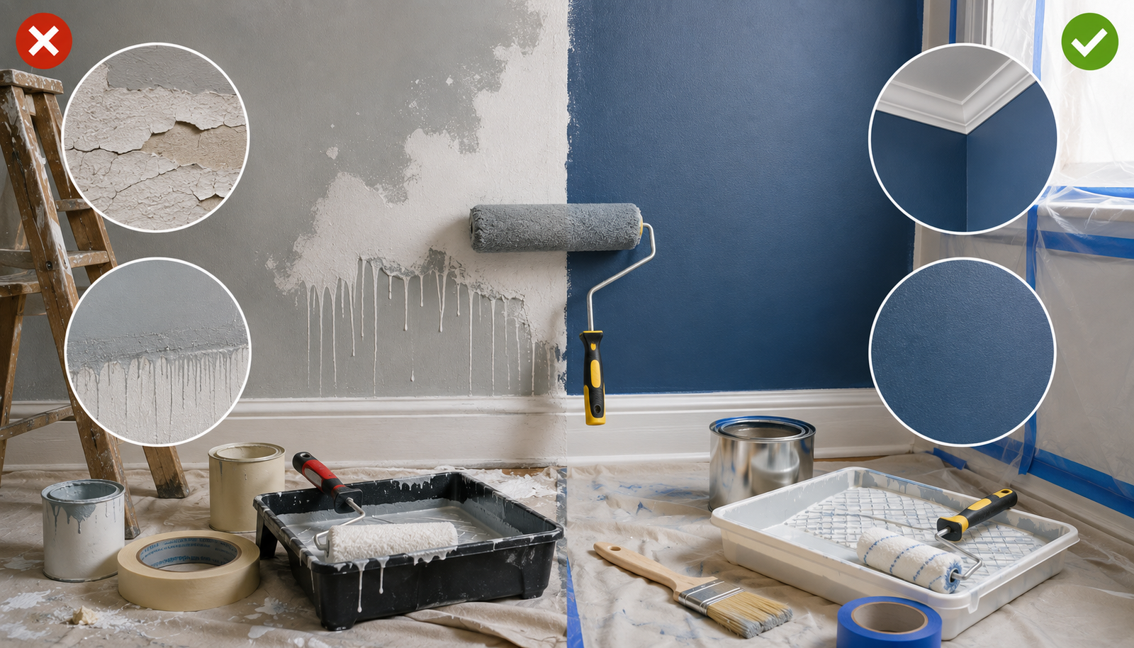 DIY painting supplies with paint roller, brushes, painter's tape, smooth painted wall, and examples of common painting mistakes versus professional results.