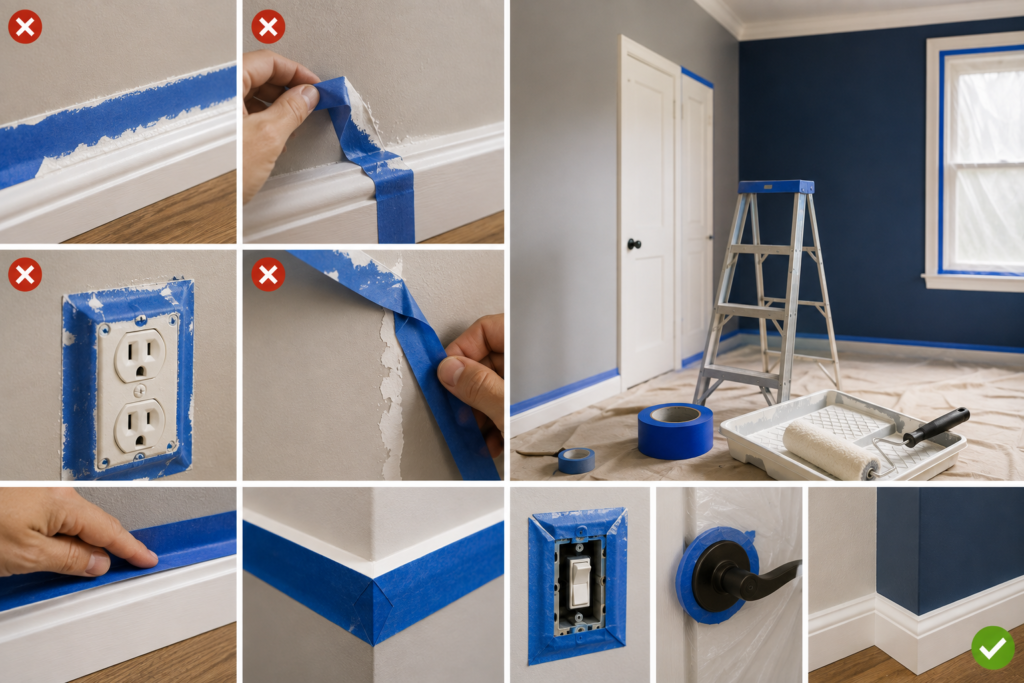 Painter's tape applied around trim, baseboards, windows, and outlets showing clean paint masking techniques and common taping mistakes during interior painting.