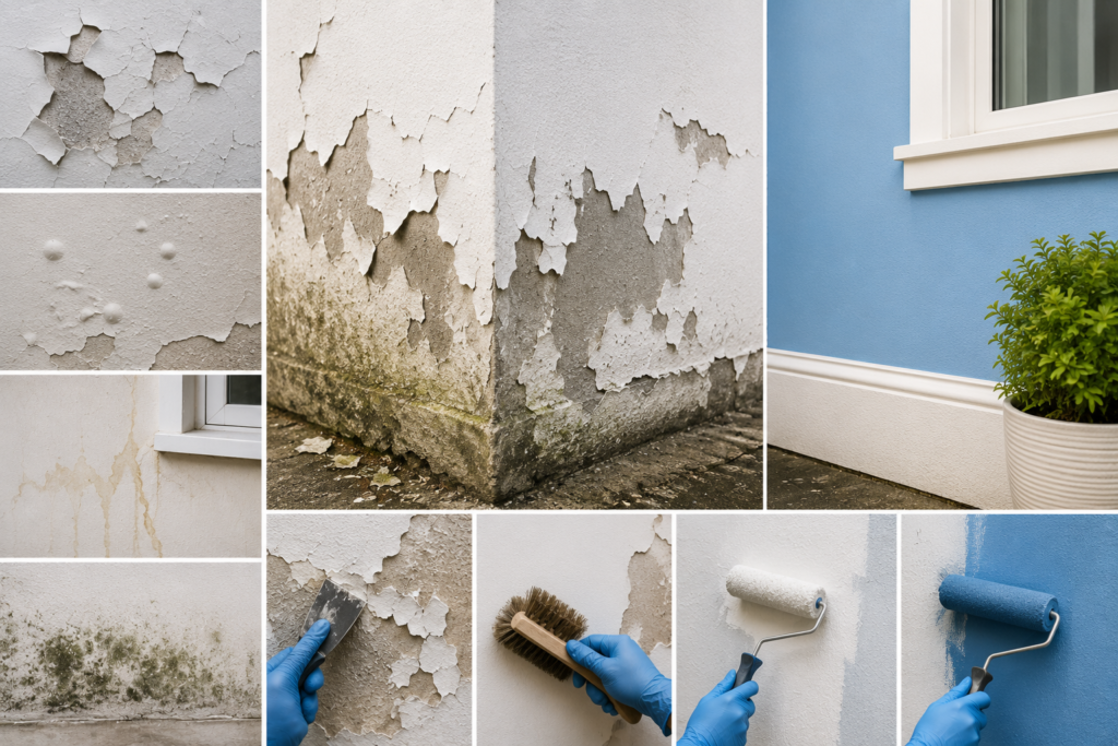 Peeling interior wall paint with moisture damage, paint scraper, primer roller, and repaired smooth wall showing proper paint preparation and prevention.
