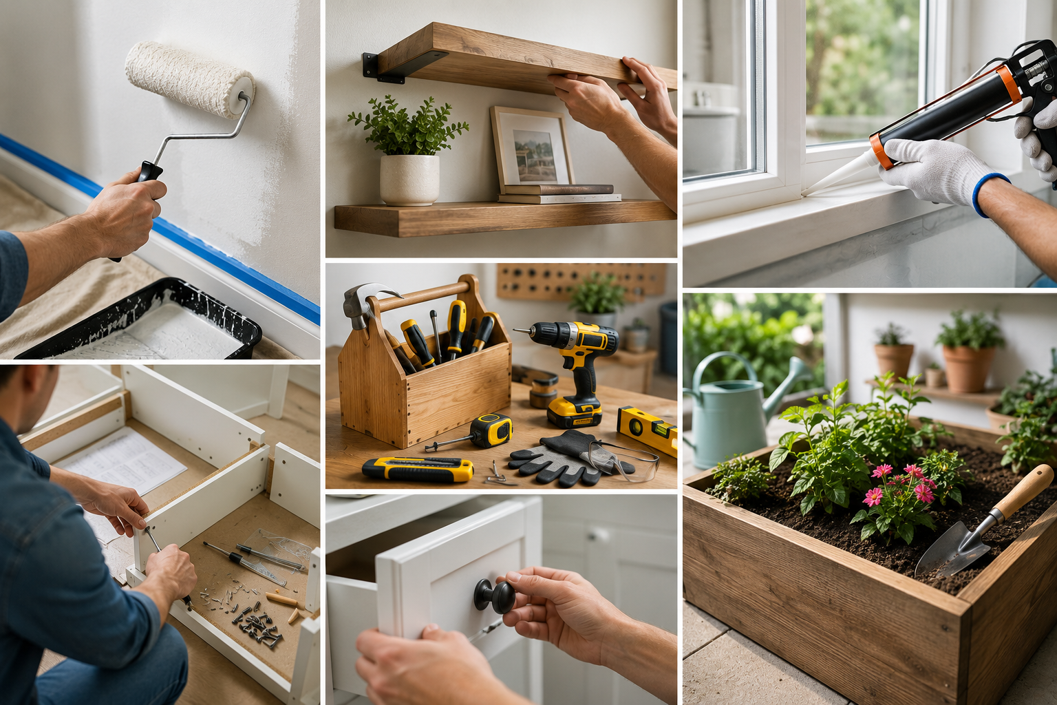 "Collage of beginner-friendly DIY home improvement projects including painting, installing floating shelves, caulking windows, assembling furniture, replacing cabinet hardware, gardening, and essential DIY tools."