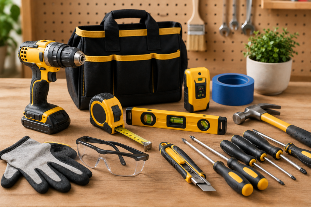"Essential beginner DIY toolkit featuring a cordless drill, tape measure, level, stud finder, hammer, screwdrivers, utility knife, painter's tape, safety glasses, work gloves, and tool bag on a wooden workbench."