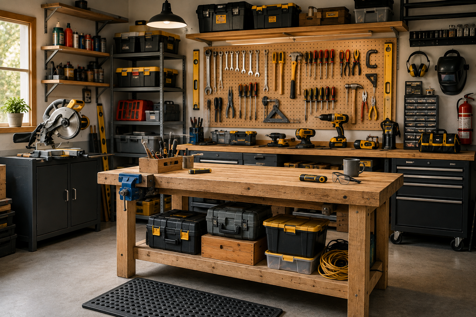 "Well-organized home DIY workshop with a sturdy workbench, pegboard, hand tools, power tools, storage cabinets, safety equipment, and bright lighting in a modern garage workspace."