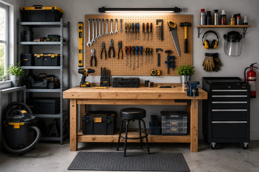 "Well-equipped home workshop featuring a sturdy workbench, organized hand and power tools, storage shelves, safety gear, toolbox, and workshop essentials in a clean garage setting."