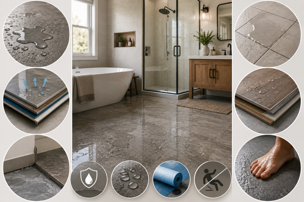 "Modern bathroom with waterproof tile flooring, glass shower, freestanding bathtub, and close-up views of moisture-resistant flooring materials, sealed seams, water-repellent surfaces, and waterproof installation layers."