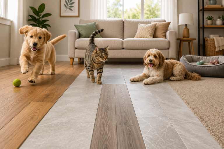 "Modern living room with dogs and a cat walking across different flooring types, including luxury vinyl plank, porcelain tile, hardwood, and carpet, showcasing pet-friendly flooring options for durability, comfort, and traction."