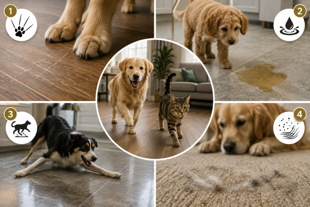 "Collage showing common ways pets affect flooring, including claw scratches on hardwood, pet accidents on tile, dogs slipping on smooth floors, and pet hair collecting on carpet in a modern home."