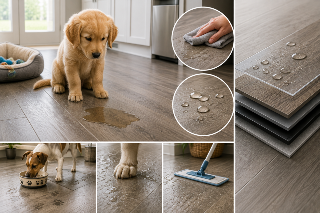 "Pet-friendly waterproof flooring with water beading on the surface, pet accident cleanup, layered waterproof floor construction, wet paw prints, and durable flooring in a modern home."
