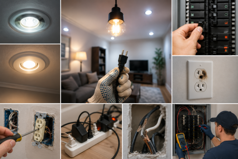 Home electrical safety collage featuring flickering lights, circuit breaker panel, overloaded outlet, damaged wiring, electrical repairs, and common household electrical problems.