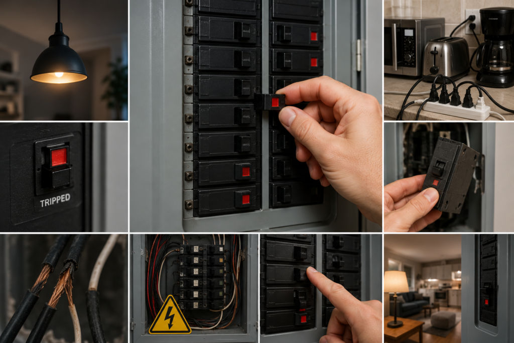 Electrical breaker panel with repeatedly tripping circuit breaker, overloaded power strip, household appliances, and exposed wiring illustrating common electrical overload problems.