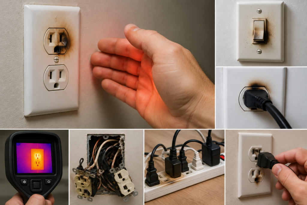 Overheated electrical outlet and light switch with burn marks, overloaded power strip, damaged wiring, and hot socket inspection in a residential home.