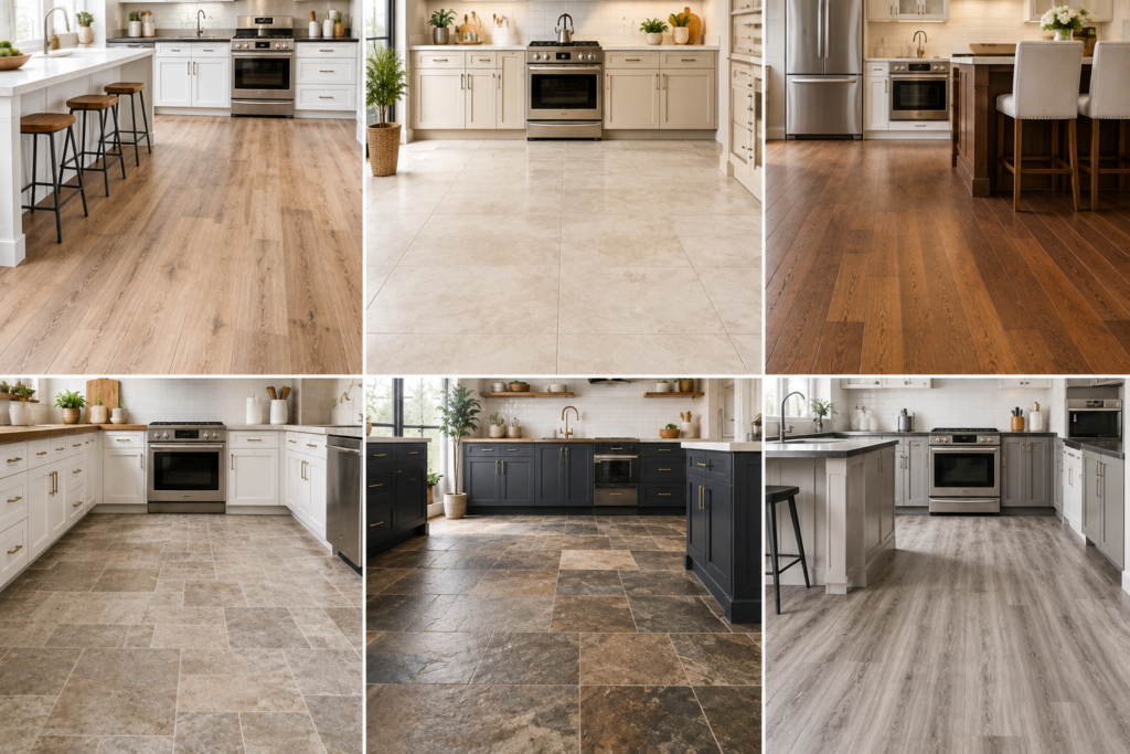 Comparison of the best kitchen flooring options including luxury vinyl plank, porcelain tile, hardwood, ceramic tile, natural stone, and laminate in modern kitchens.