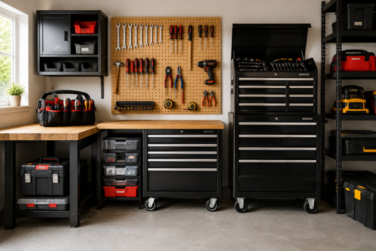 Organized garage workshop with toolboxes, rolling tool chest, pegboard, shelves, and neatly stored hand and power tools.