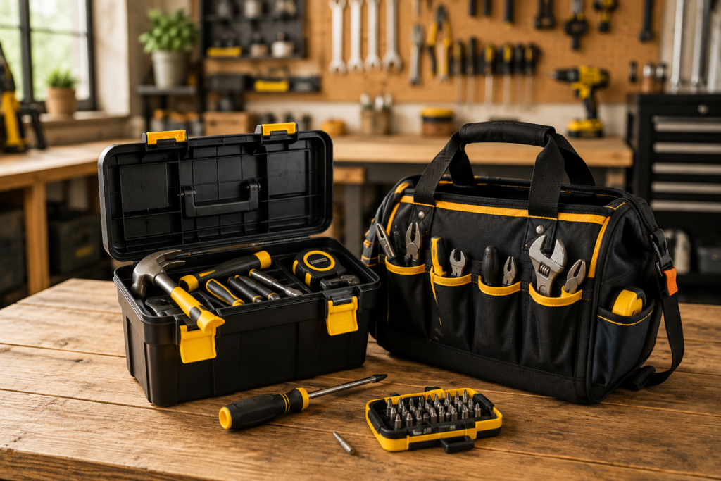 Hard-sided toolbox and soft tool bag with essential hand tools on a workbench in an organized home garage workshop.