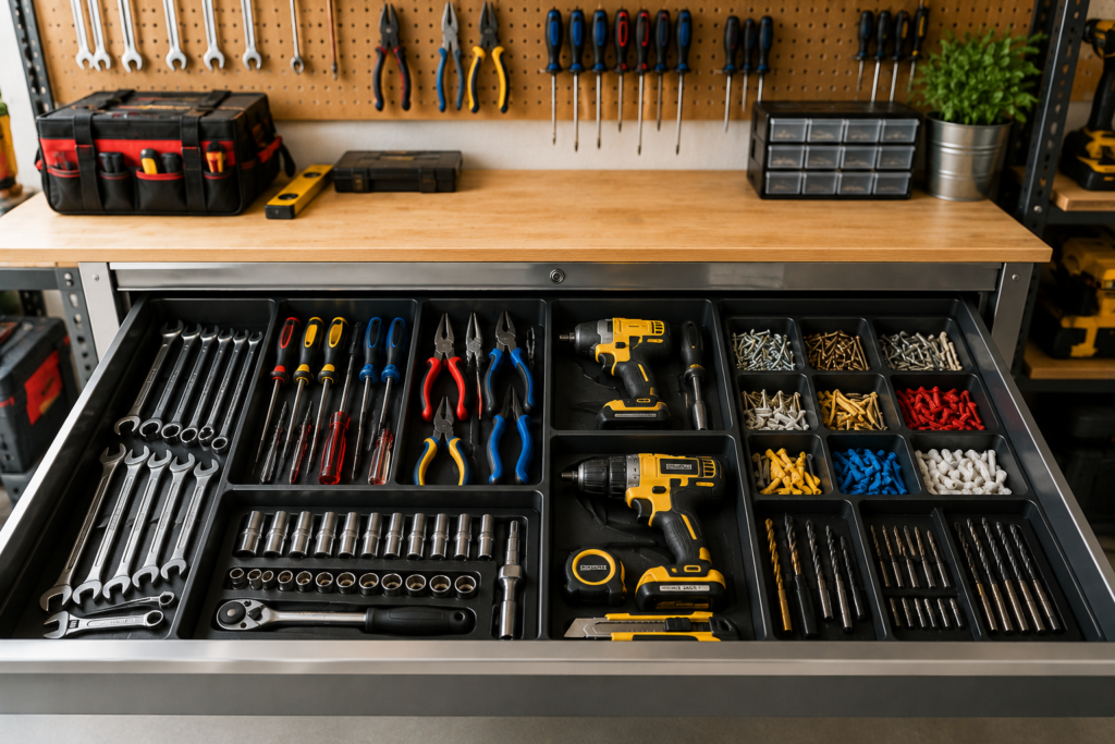 Organized tool storage with hand tools, power tools, drill bits, screws, and hardware sorted by category in a workshop drawer.
