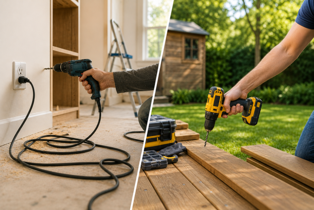 DIY home improvement comparing a corded power drill used indoors near a wall outlet with a cordless drill used outdoors, highlighting mobility and convenience.
