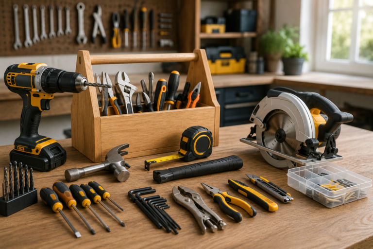Essential homeowner DIY tools neatly organized on a wooden workbench, including a cordless drill, circular saw, hammer, screwdrivers, pliers, tape measure, utility knife, toolbox, and hardware organizer.