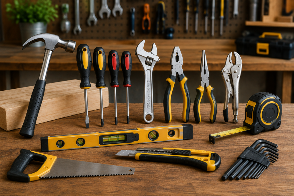 Essential hand tools for homeowners arranged on a wooden workbench, including a hammer, screwdrivers, adjustable wrench, pliers, tape measure, spirit level, utility knife, hand saw, and Allen keys.