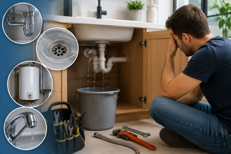 Homeowner inspecting a leaking kitchen sink with plumbing tools, dripping pipes, clogged drain, water heater, and faucet issues illustrating signs you need a professional plumber.