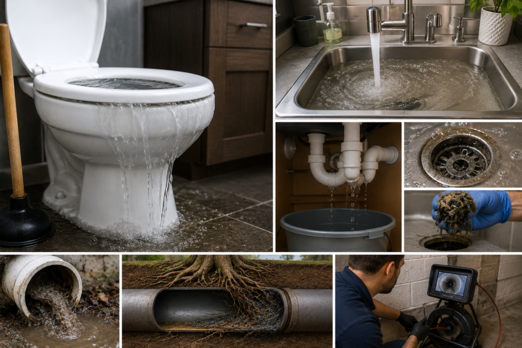Overflowing toilet, backed-up kitchen sink, leaking drain pipes, sewer pipe blocked by tree roots, clogged drain, and plumber inspecting a damaged sewer line with a drain camera.