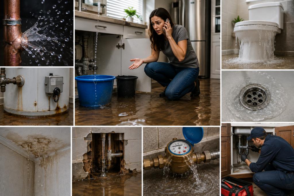Emergency plumbing problems including a burst pipe, overflowing toilet, flooded kitchen, leaking ceiling, damaged water heater, leaking water meter, and plumber repairing a severe household plumbing issue.