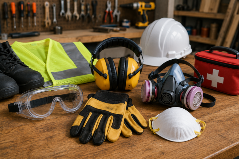 DIY safety equipment arranged on a workshop bench, including safety glasses, respirator, dust mask, work gloves, earmuffs, hard hat, first aid kit, safety vest, and protective work boots.