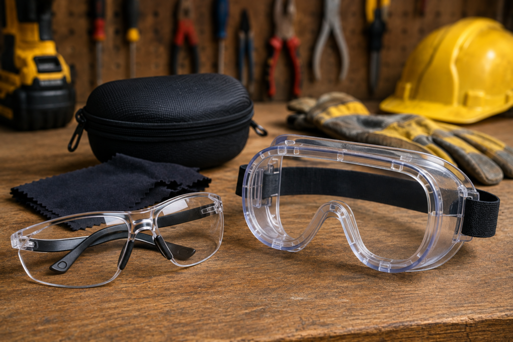 ANSI-rated safety glasses and sealed safety goggles on a workshop bench beside a cleaning cloth and storage case, providing eye protection for cutting, drilling, sanding, and DIY home improvement projects.