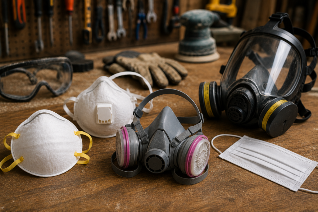 Respiratory protection equipment for DIY projects, including N95 dust masks, a half-face respirator, full-face respirator, and disposable face mask arranged on a workshop bench.