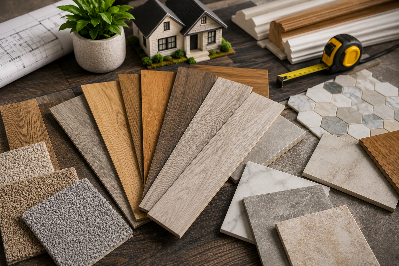 Flooring buying guide with hardwood, laminate, luxury vinyl planks, ceramic tiles, carpet samples, blueprints, and home design materials arranged on a modern renovation workspace.
