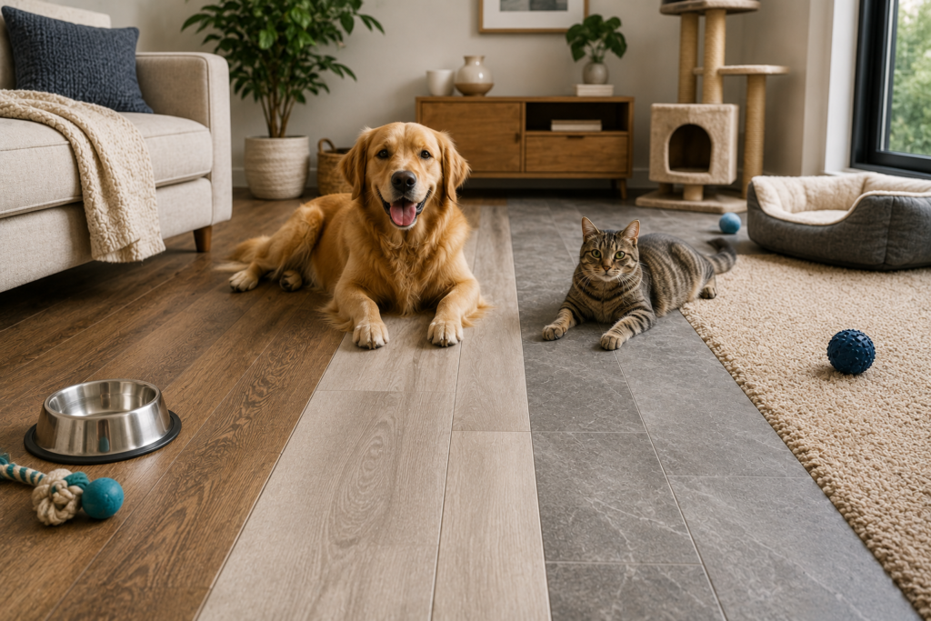 Golden retriever and tabby cat resting on hardwood, luxury vinyl, tile, and carpet flooring in a modern living room, illustrating pet-friendly flooring options for homes.