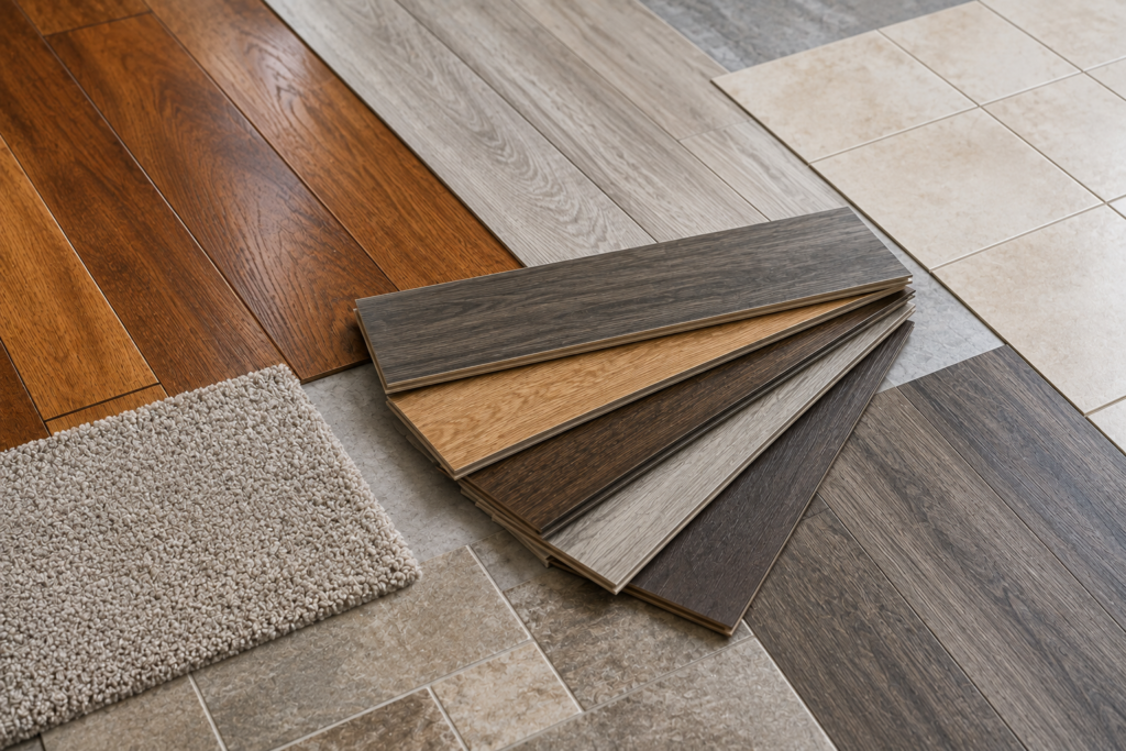 Comparison of flooring materials including hardwood, laminate, luxury vinyl plank, ceramic tile, natural stone, and carpet samples arranged to illustrate flooring costs by material.