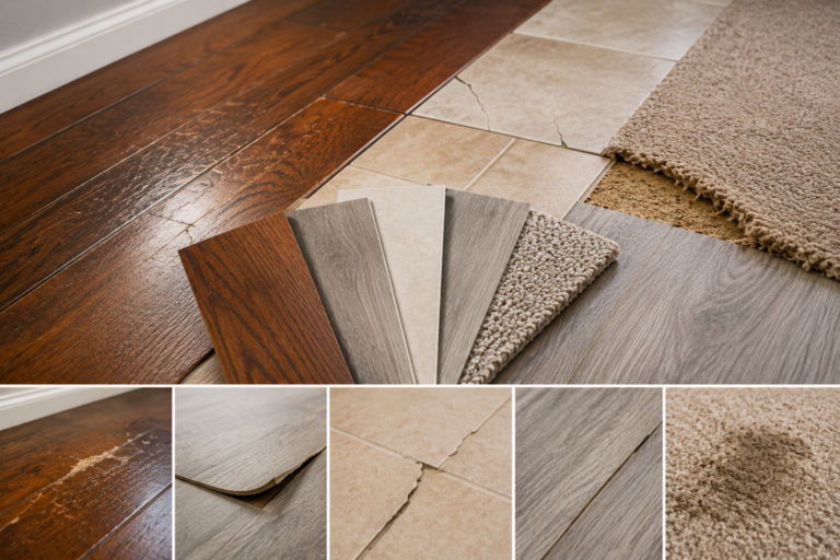 Damaged hardwood, cracked tile, worn carpet, and lifting vinyl flooring with sample flooring materials showing common signs that flooring needs replacement.