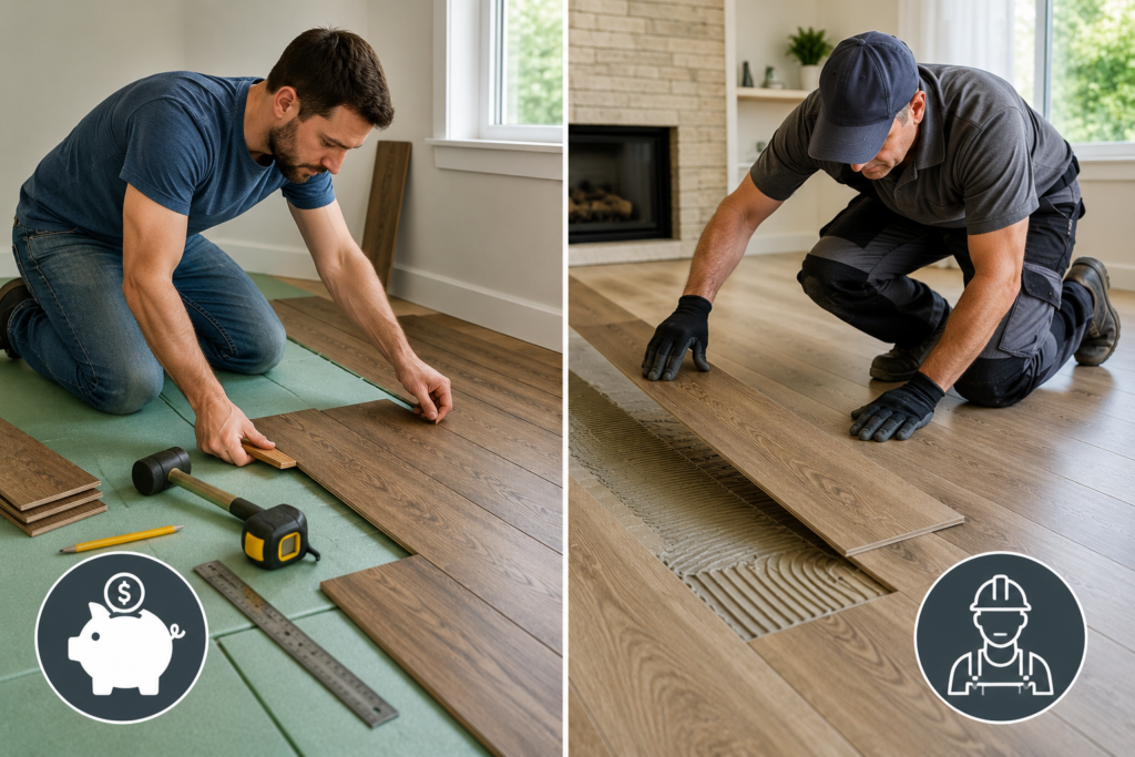 Side-by-side comparison of DIY and professional flooring installation, showing a homeowner installing laminate flooring with basic tools and a contractor fitting flooring with specialized equipment in a modern home.