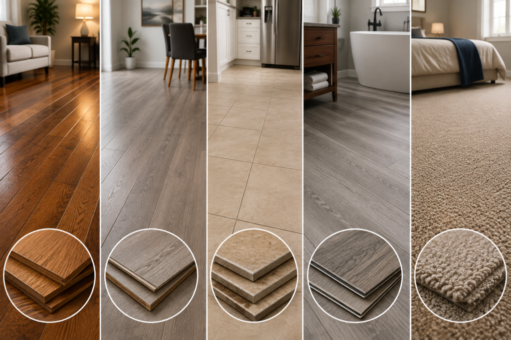 Comparison of hardwood, laminate, tile, vinyl, and carpet flooring materials displayed in modern home interiors to illustrate their typical lifespan and durability.