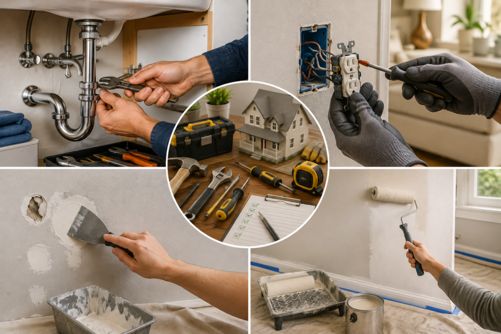 "Collage of essential home repair tasks including fixing under-sink plumbing, repairing drywall, replacing an electrical outlet, painting a wall, and using basic DIY tools for everyday home maintenance."
