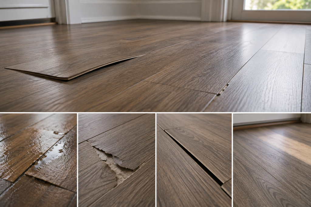 Warped laminate flooring with swollen edges, peeling surface layer, moisture damage, fading, and gaps between planks showing signs that laminate flooring needs replacement.