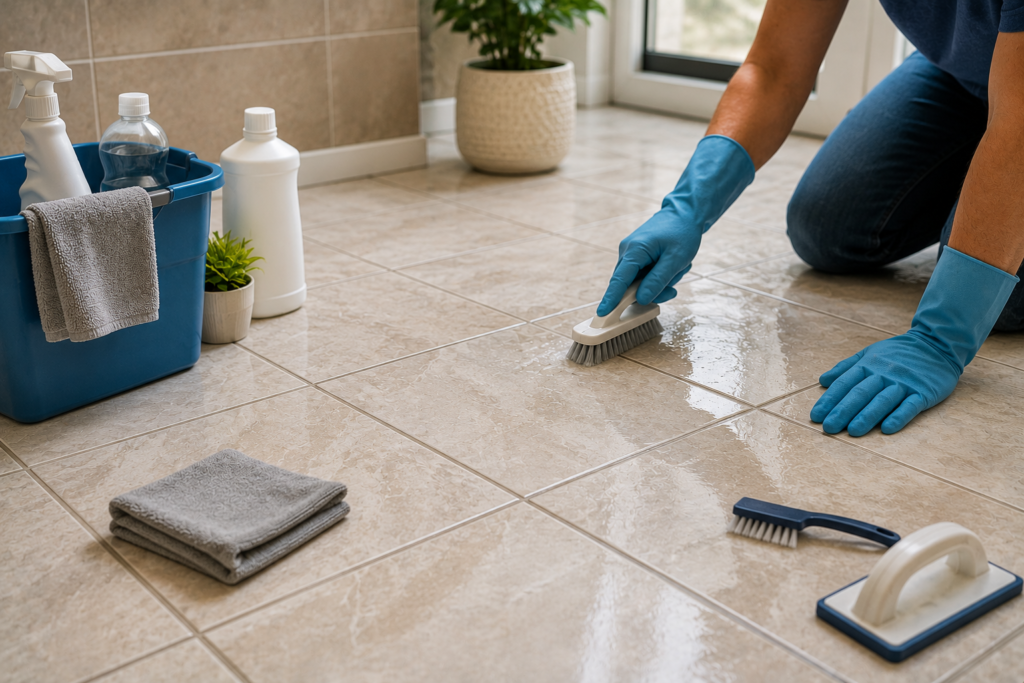 Person cleaning tile flooring with a grout brush, microfiber cloth, cleaning products, and bucket while removing dirt from tile and grout.
