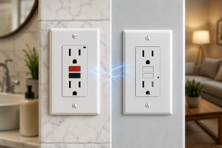 Side-by-side GFCI and AFCI electrical outlets showing different home electrical safety protection for bathrooms and living areas.