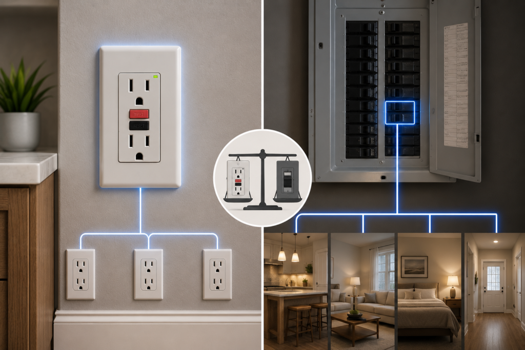 Comparison of outlet-level and breaker-level electrical protection, showing a GFCI outlet protecting downstream receptacles and an electrical panel protecting multiple home circuits.