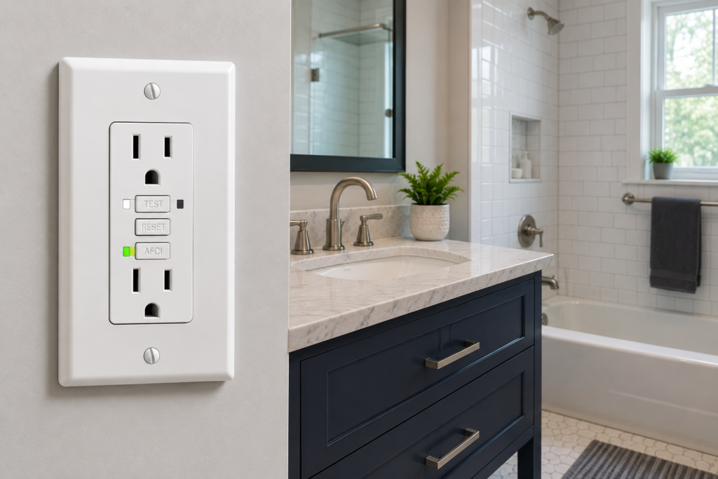Dual-function GFCI/AFCI outlet installed in a modern bathroom, providing combined protection against electric shock and electrical fire.