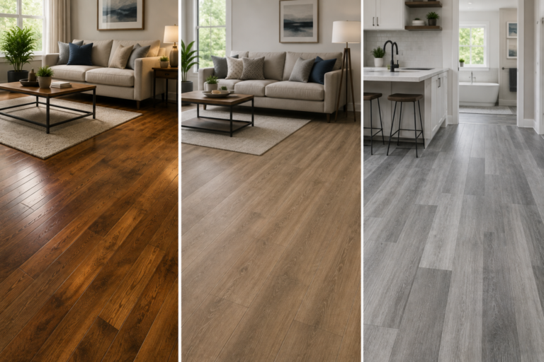 Three flooring options compared in modern home interiors, featuring hardwood, laminate, and vinyl flooring in living room, kitchen, and bathroom settings.