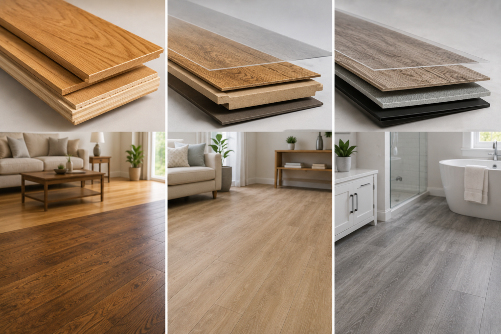 Hardwood, laminate, and vinyl flooring shown with layered construction samples and matching modern home interiors.