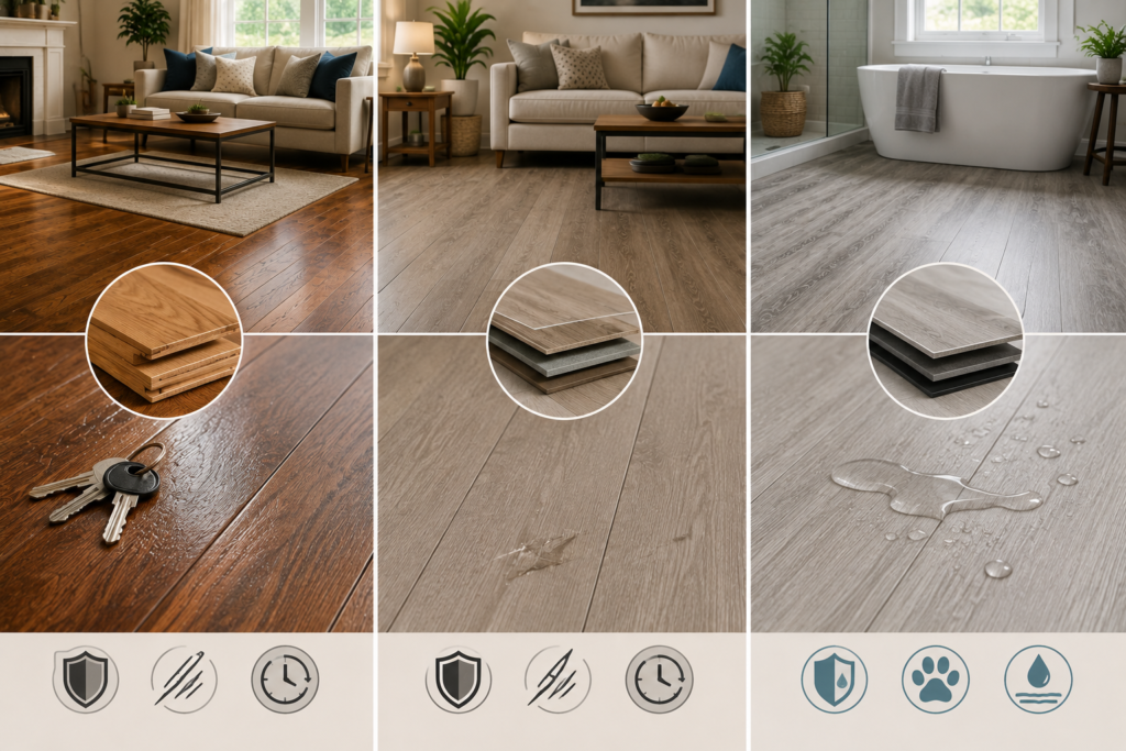 Durability comparison of hardwood, laminate, and vinyl flooring showing scratch resistance, wear, layered construction, and moisture performance.