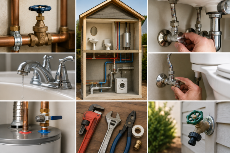 Home plumbing system with water shutoff valves, supply and drain pipes, water heater, fixtures, and basic plumbing tools.
