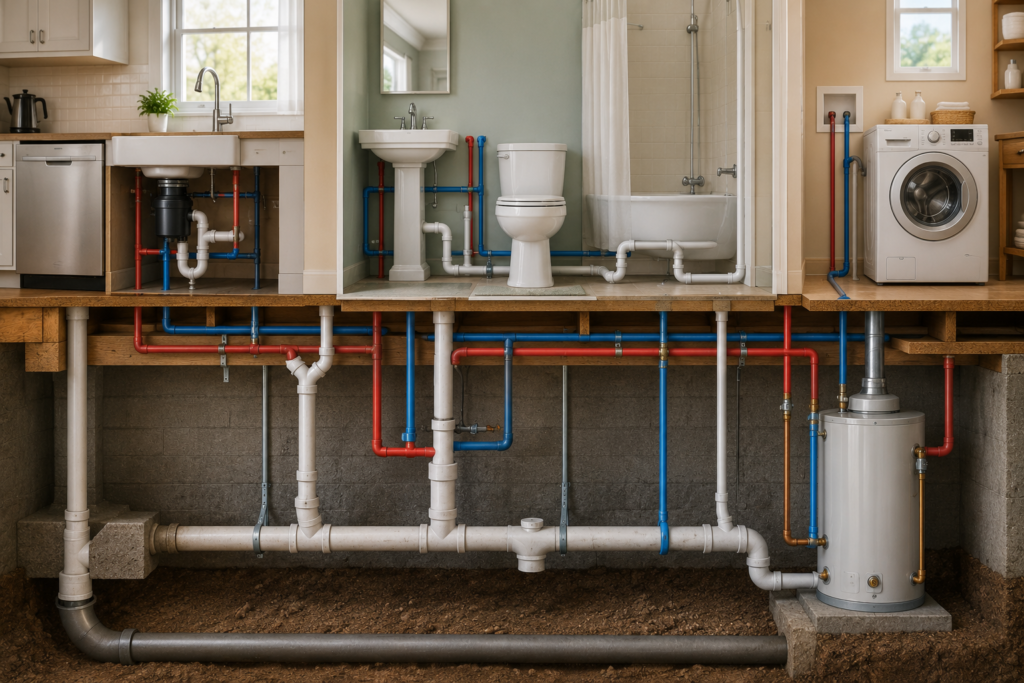 Cutaway view of a home's plumbing system showing water supply lines, drain pipes, bathroom fixtures, kitchen sink, laundry area, and water heater.