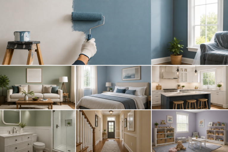 Interior home painting project showing fresh wall colors across living room, bedroom, kitchen, bathroom, hallway, and nursery.