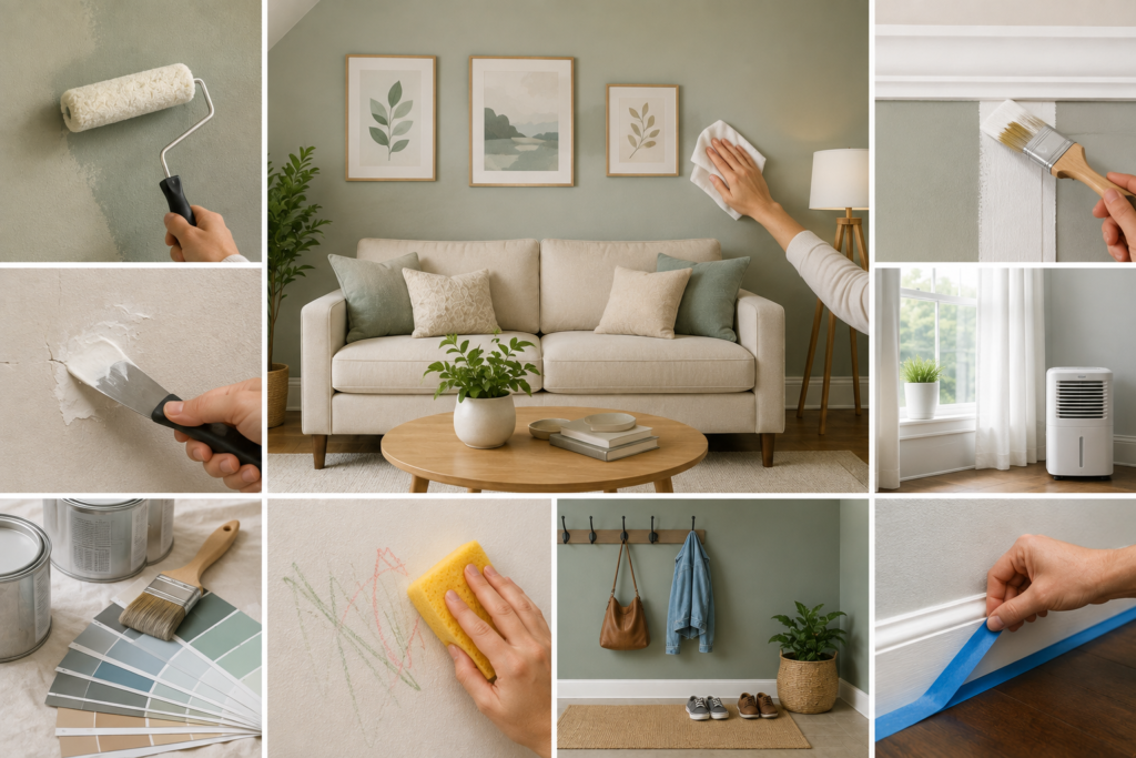 Interior paint maintenance with wall cleaning, touch-ups, trim painting, moisture control, color selection, and painter’s tape.