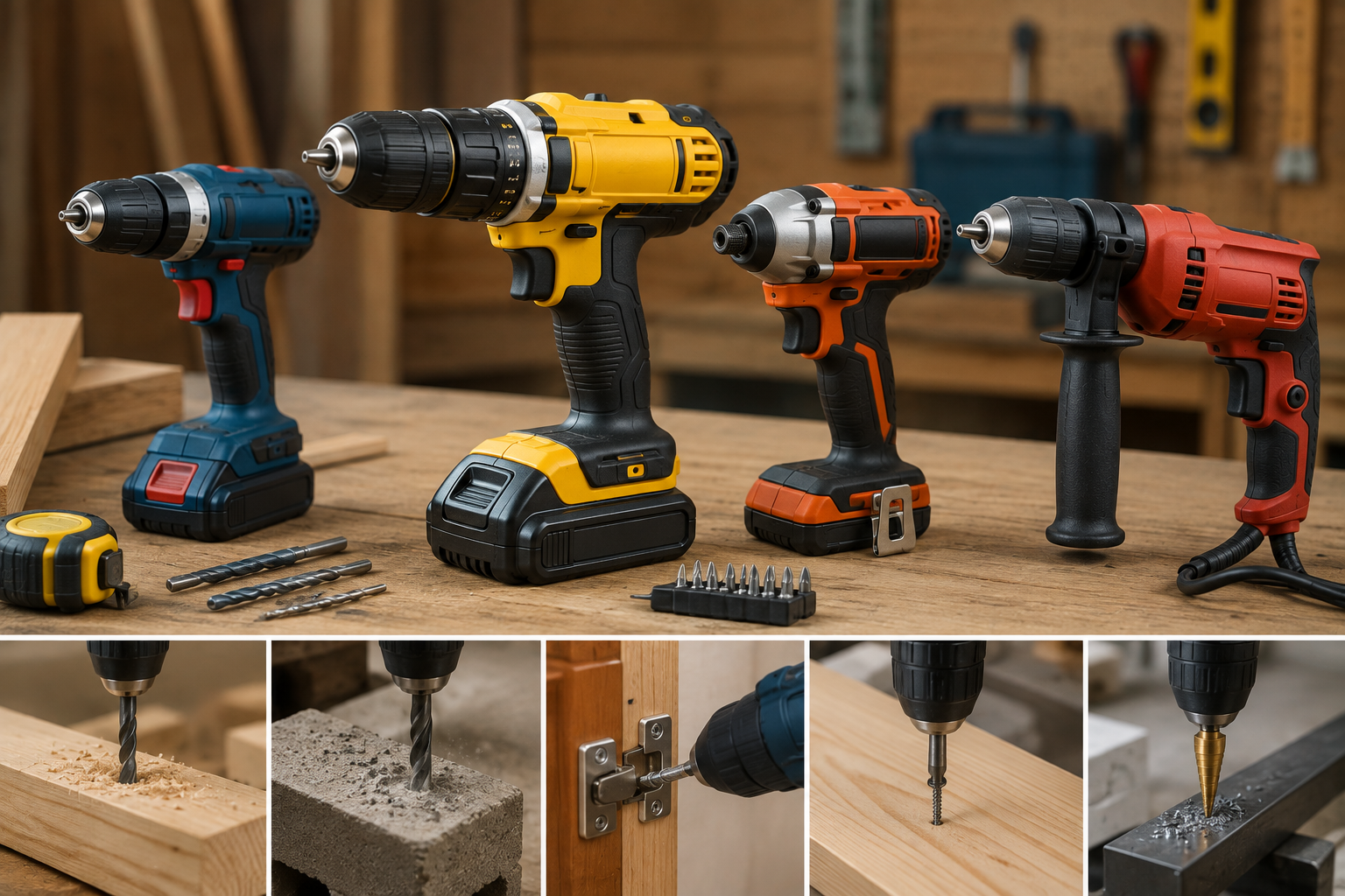 Cordless and corded drills with drill bits and accessories for home DIY projects, including drilling wood, concrete, metal, and driving screws.