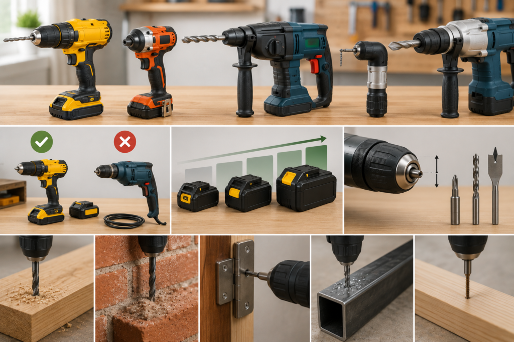 Different drill types, cordless and corded options, batteries, drill bits, and drilling applications for common home projects.